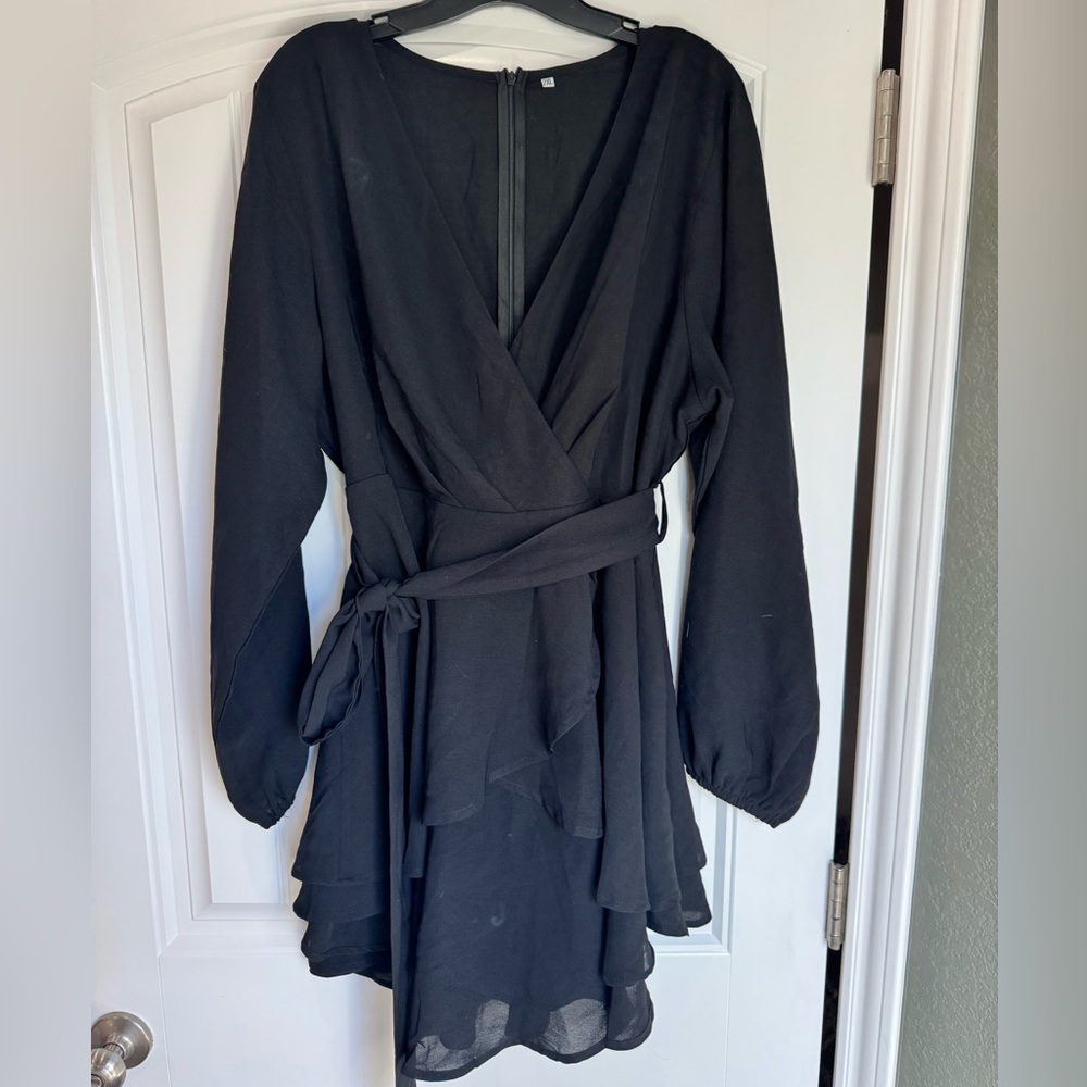 Black Wrap Mini Dress 2XL Long Sleeve Tie Waist Ruffle Hem Party Date Night